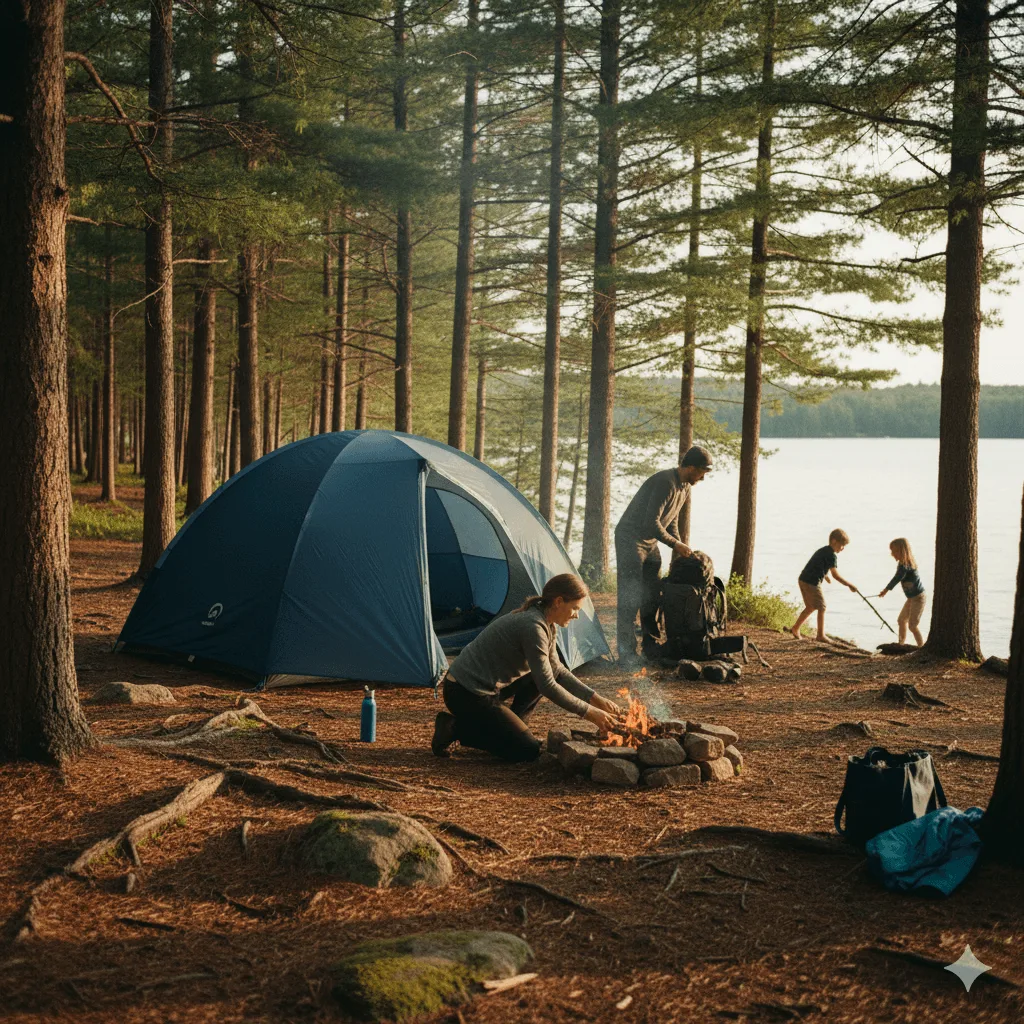 Tente installée en forêt près d'un lac avec une famille autour d'un feu de camp